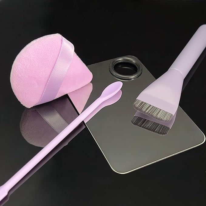 Makeup Brush Set - Flat Foundation Brush, Blender Sponge, Face Spatula, Puff & Heart-Shaped Mixing Palette with Leather Case – Complete Face Makeup Tool Kit for Blending, Foundation & Application-Velvo Beauty
