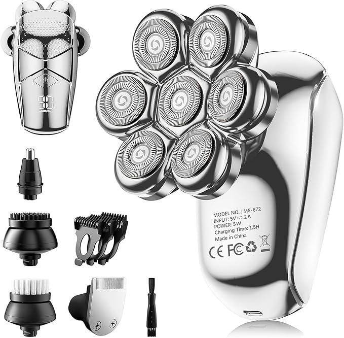 Detachable Head Shavers, SHPAVVER 5 in 1 Electric Razor IPX7 Waterproof for Bald Men, Wet Dry LED Display Rechargeable 7D Rotary Shaver Grooming Kit with Type C Charge A,Bright Silver-Velvo Beauty