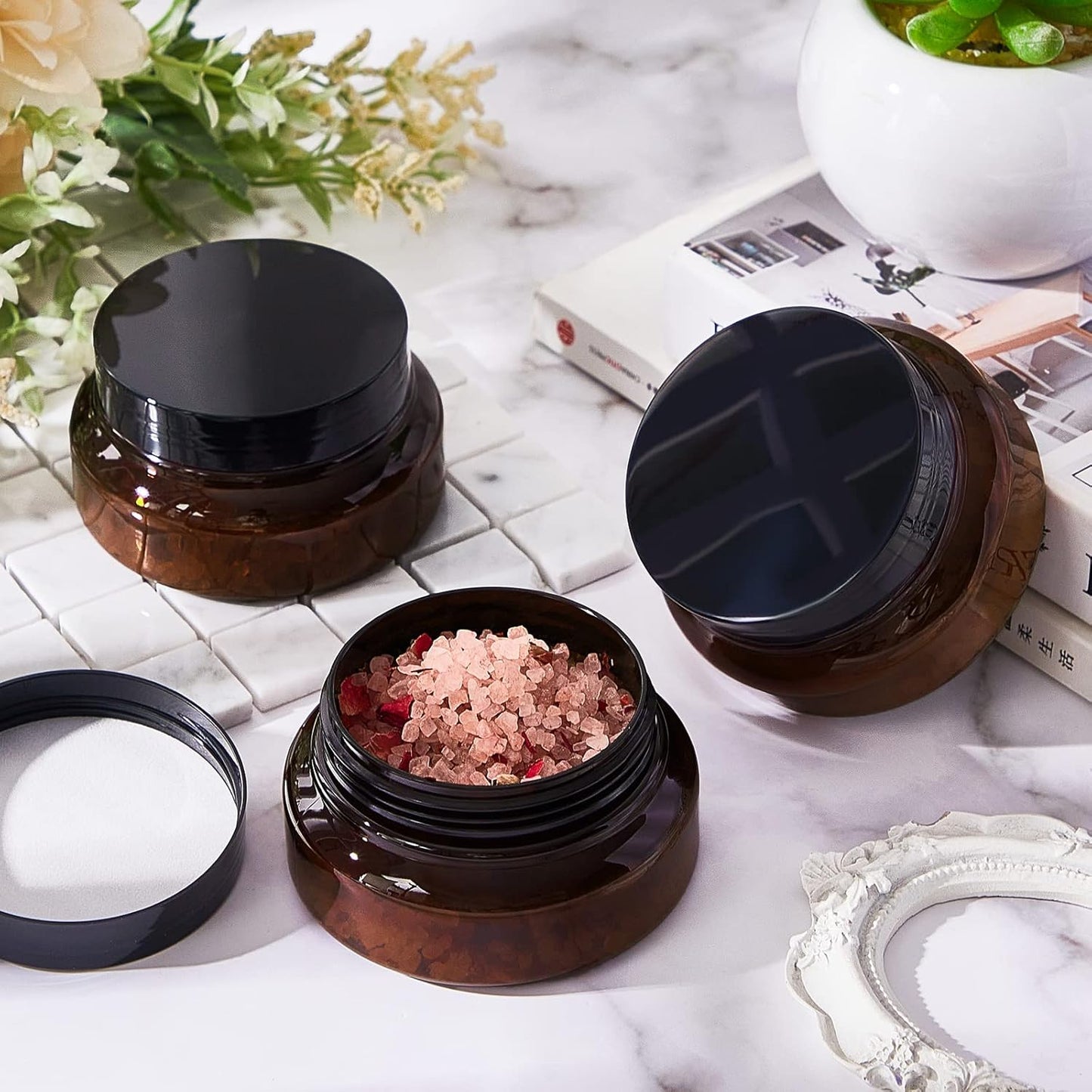 Tessco 24 Pack Plastic Jars with Lids Labels Empty Clear Plastic Jars Round Refillable Cosmetic Containers Body Butter Containers Bulk Sugar Scrub Bottle for Make Up(5 oz,Brown)-Velvo Beauty