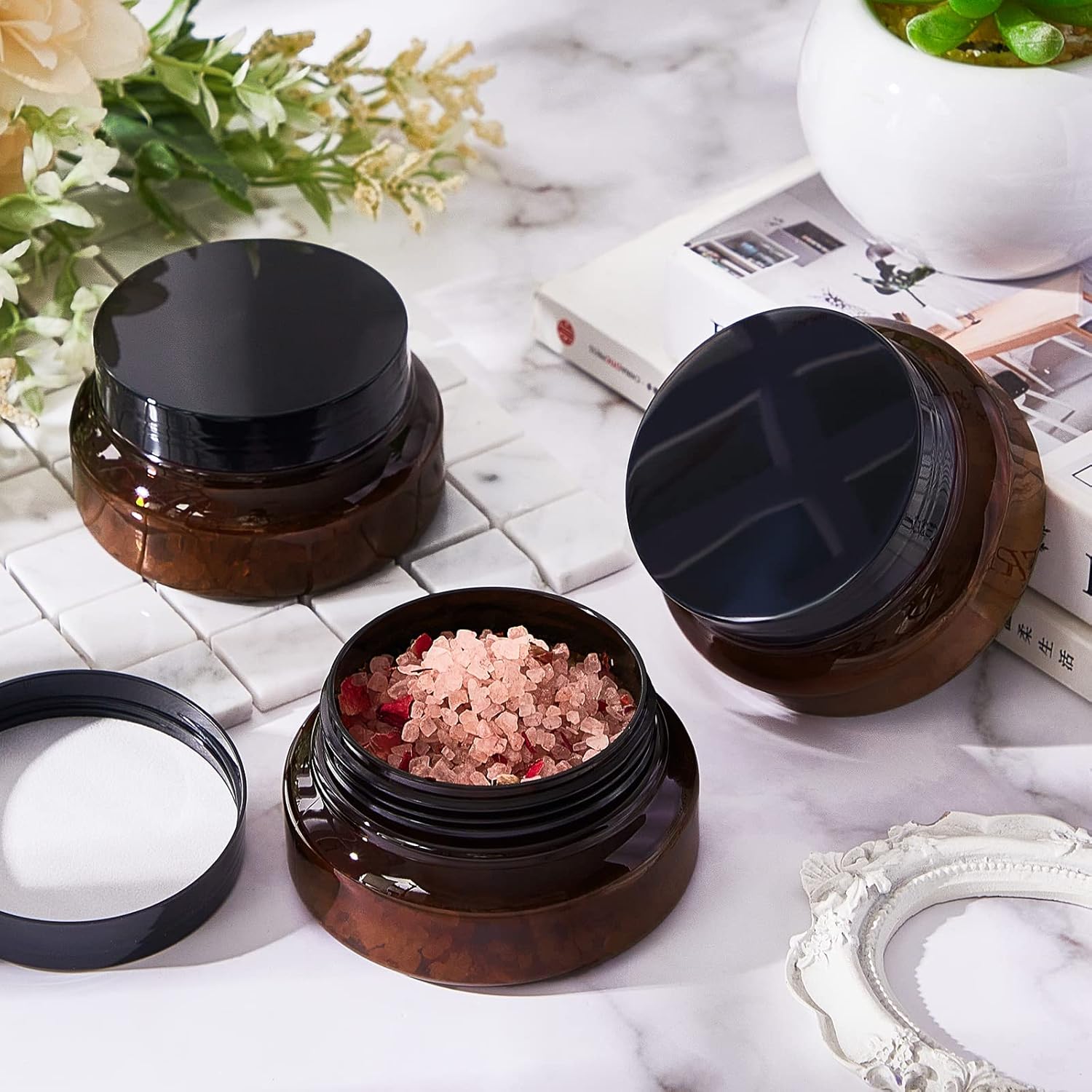 Tessco 24 Pack Plastic Jars with Lids Labels Empty Clear Plastic Jars Round Refillable Cosmetic Containers Body Butter Containers Bulk Sugar Scrub Bottle for Make Up(5 oz,Brown)-Velvo Beauty