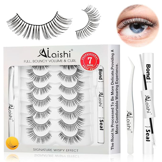 Wispy False Eyelashes Kit With Bond, Seal and Tweezer, 7 Pairs Natural Look Fake Cat Eye Lashes Strips Thin Band Extensions Waterproof Easy Eyelashes for Beginners DF1-Velvo Beauty