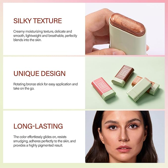 On-The-Go Bronzer Stick,Multi-Use Cream Contour Stick,Natural Long Lasting Face Bronzer,Smooth Highlighter Contour Stick,Bronze Contour Makeup Facial Shaping,01 Warm Glow-Velvo Beauty