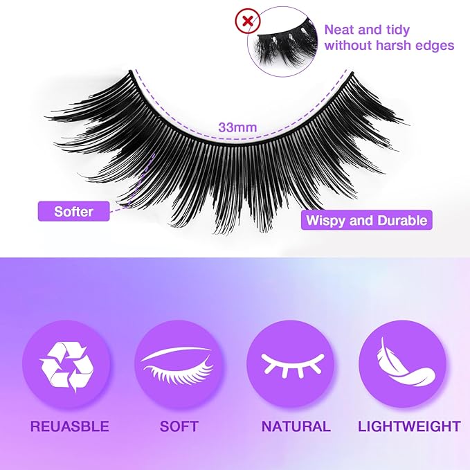 False Eyelashes Kit With Bond, Seal and Tweezer, 7 Pairs Fluffy Natural Look Fake Cat Eye Lashes Strips Thin Band Extensions Waterproof Easy Eyelashes for Beginners DF64-Velvo Beauty