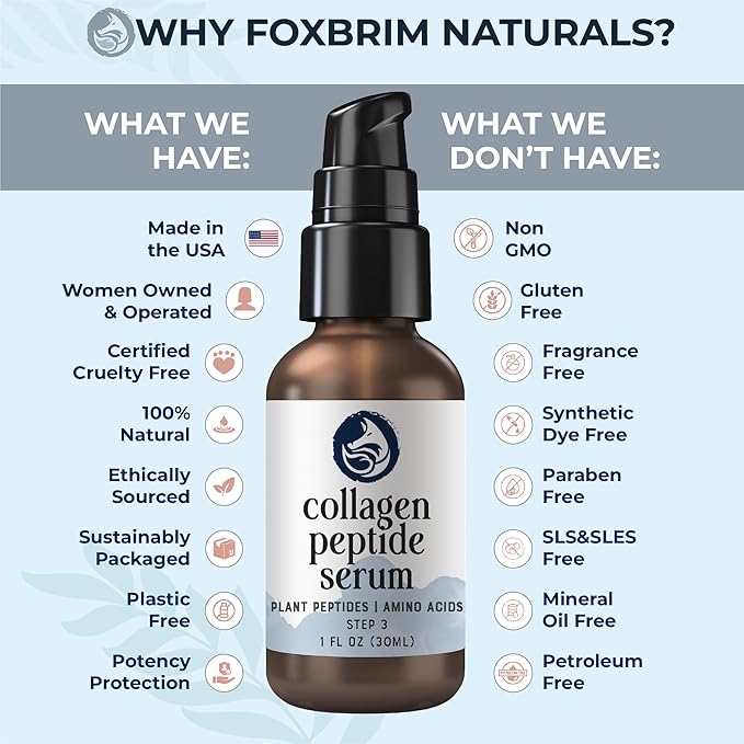 Peptides Serum for Face - Collagen Booster - Anti-Aging - Tighten Lift Hydrate & Plump All Skin Types, Reduce Fine Line & Wrinkles, All Natural Ingredients - Foxbrim Naturals (1 Fl Oz)-Velvo Beauty