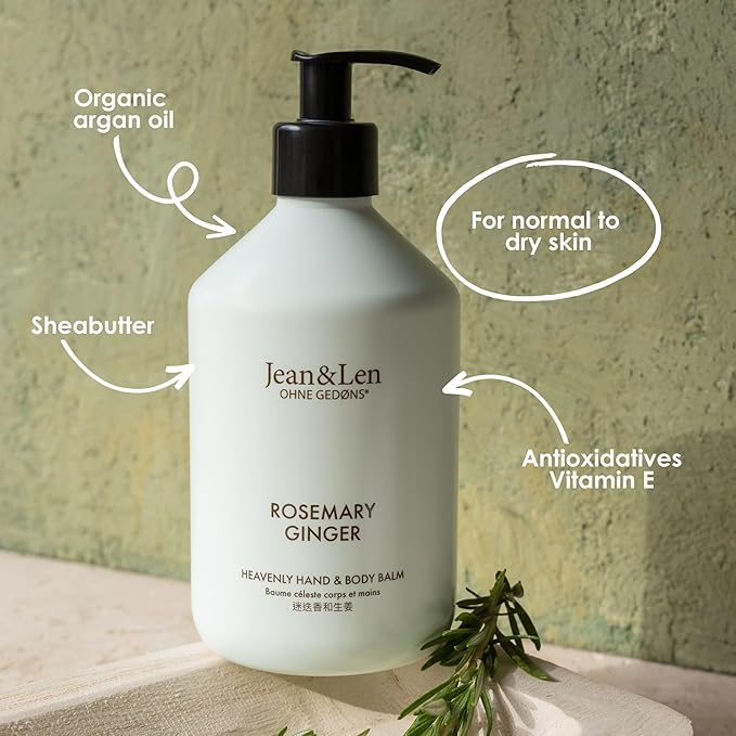 Jean & Len Heavenly Hand & Body Balm Rosemary & Ginger, for a fragrant care experience, with organic argan oil and shea butter, minimalistic bottle, without parabens & silicones, 16.91 Fl. Oz.-Velvo Beauty