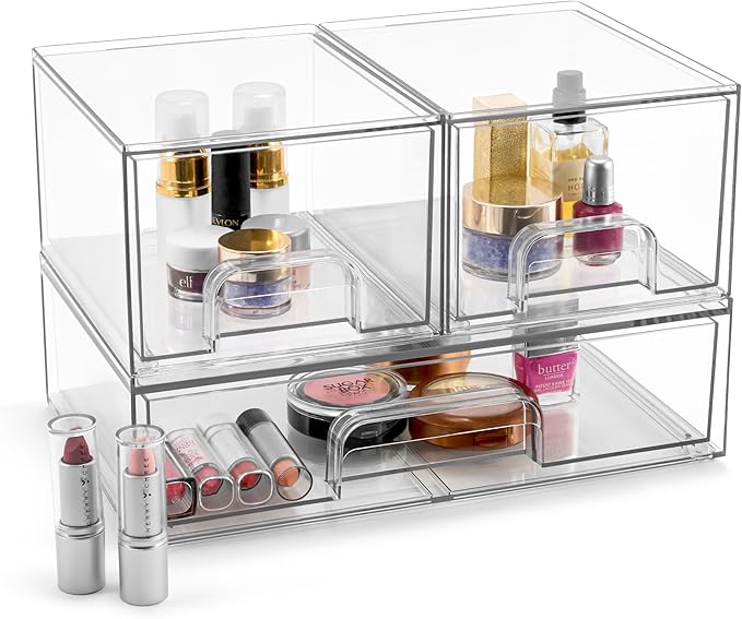 Sorbus Acrylic Storage Containers - 3 Pack, Stackable Storage Bins Set for Bathroom Organization - Clear Acrylic Drawer Organizers - Makeup Case Pull-Out Drawers (4.4’’ Tall and 12.1’’ Wide)-Velvo Beauty