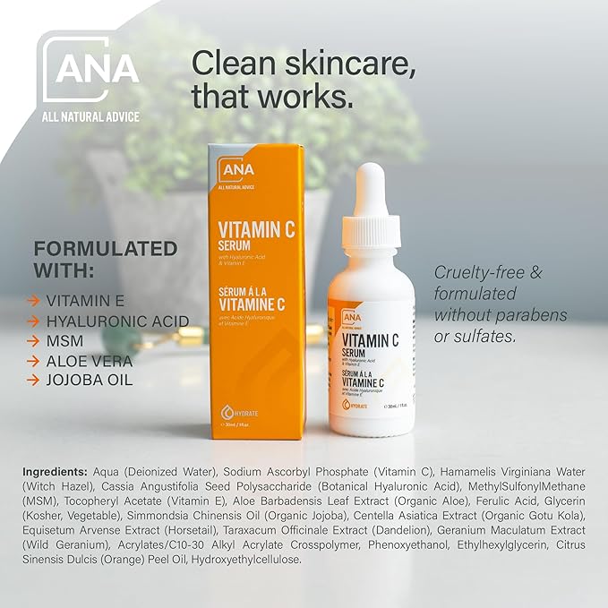 All Natural Advice Vitamin C Serum 30mL | 20% Vitamin C Face Serum Solution with Organic Botanicals, Hyaluronic Acid & Vitamin E | UV-Shielding Glass Bottle with Dropper | Canadian Skin Care-Velvo Beauty