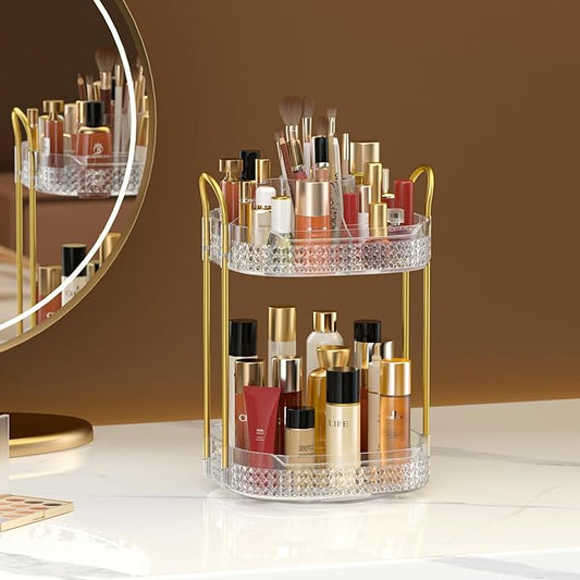 Awenia Rotating Makeup Organizer 360, Stackable Adjustable Large Capacity Cosmetic Storage Unit,Dresser Bathroom Kitchen Countertop Organizer with Metal Handle, Plus Size (Clear, 2 Tier)-Velvo Beauty