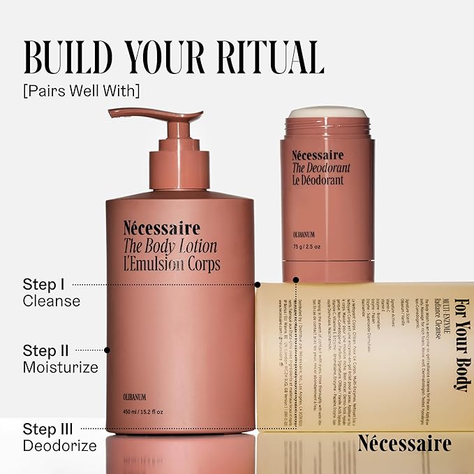 Nécessaire The Body Lotion with Pump. Olibanum. Multi-Peptide Firming to Moisturize + Strengthen. 2.5% Niacinamide, Vitamin C/E + Omega 6/9. Notes of Vanilla, Fig Leaf, & Cassis Buds. 450ml/15.2 fl oz-Velvo Beauty