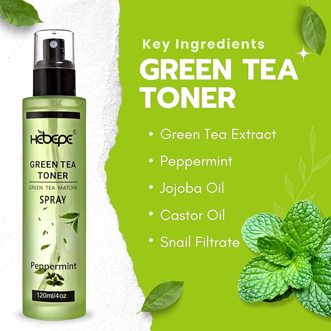 Green Tea Matcha Facial Toner Mist with Peppermint, Refreshing, Moisturizing, and Soothing Face Toner, with Jojoba Oil, Castor Oil, Snail Filtrate,120ml-Velvo Beauty