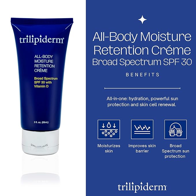 Trilipiderm All-Body Moisture Retention Crème Broad Spectrum SPF 30 with Vitamin D – 2-PACK of Travel-Size 3 Ounce Tubes – Plant-Based All-Day Hydration, Sunscreen for Body and Face-Velvo Beauty