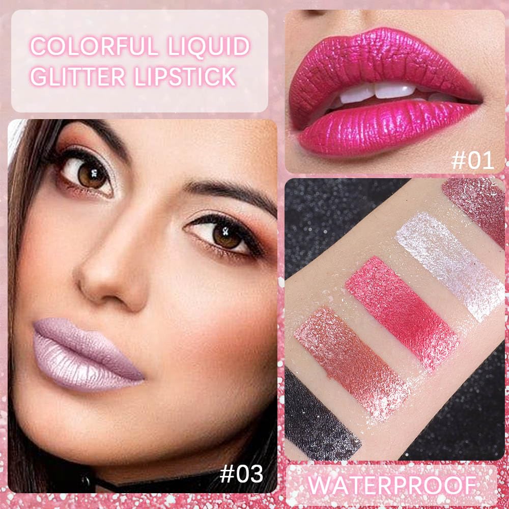 evpct 6Pcs Rose Pink Dark Wine Mauve Sexy Red Black Lilac Metallic Shimmer Glitter Lip Gloss Liquid Lipstick Set for Women Long Lasting Waterproof 24, Pearlescent Sparkly Glossy Lipsticks Lip Makeup-Velvo Beauty