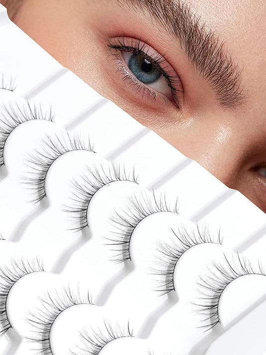 Lashes Short Eyelashes 10MM Natural Lashes Wispy Thin Band Strip Lashes Short Eyelashes Natural Look 3D Volume Lashes 7 Pair Fake Lashes Siligli-Velvo Beauty