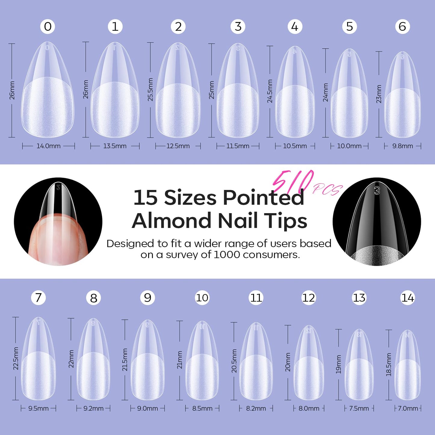 Modelones Pointed Almond Fake Nail Tips - 510Pcs Medium Gel Tips Pre-shaped Half Matte Full Cover Clear Acrylic Gel Kit False Press on Nails for Extension DIY Salon 15Sizes-Velvo Beauty