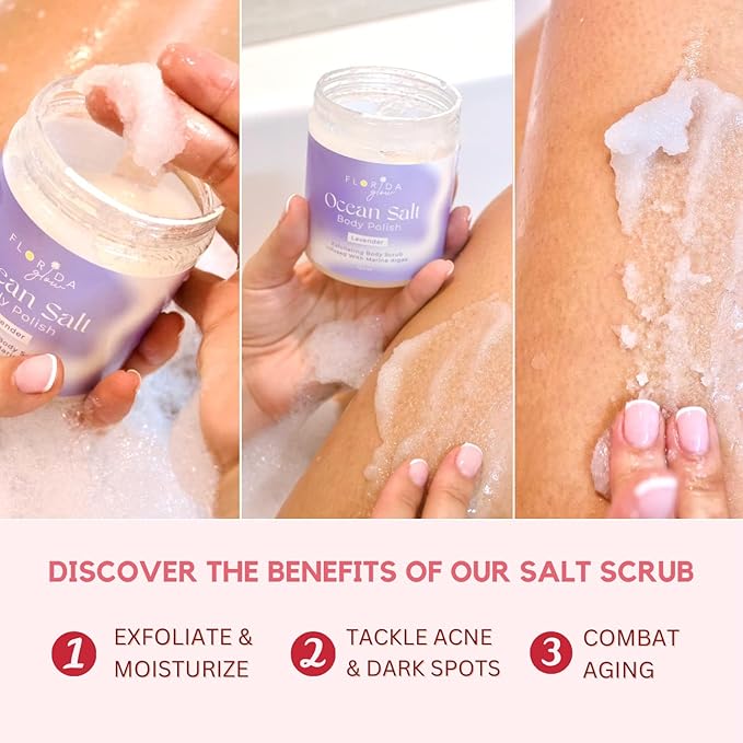 Sea Salt Body Scrub by Florida Suncare - Ocean Salt Body Polish Infused with Marine Algae - Exfoliating Face and Body Scrub - Facial Scrub Exfoliator to Tackle Acne (Grapefruit, 3.3 oz)-Velvo Beauty