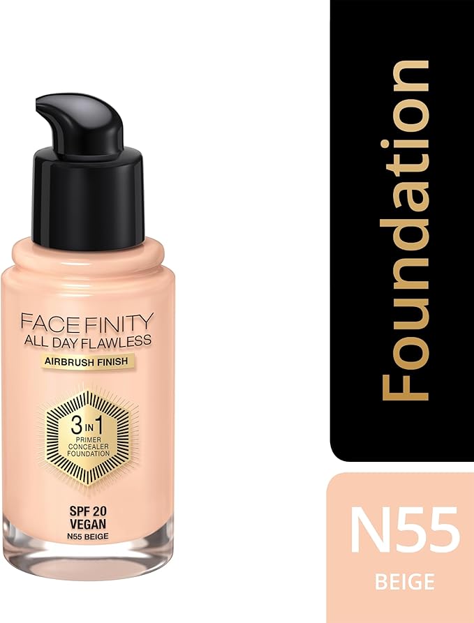 Max Factor Facefinity All Day Flawless 3 In 1 Foundation SPF 20, No. 55 Beige-Velvo Beauty