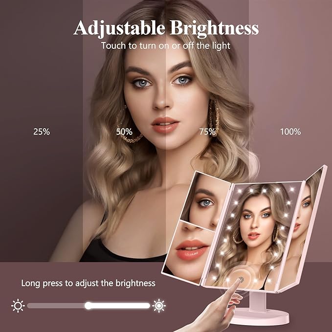 HUONUL Makeup Mirror Vanity with Lights, 2X 3X 10X Magnification, Lighted Mirror, Touch Control, Trifold Dual Power Supply, Portable LED Women Gift (Pink)-Velvo Beauty