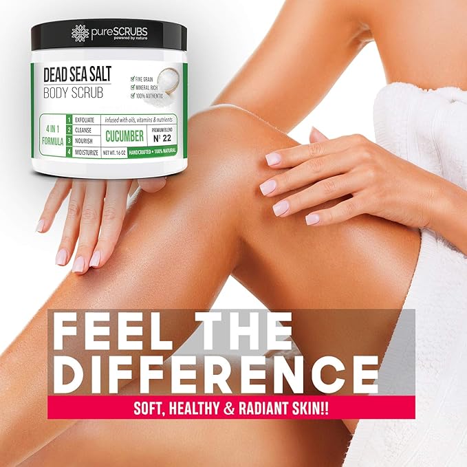 pureSCRUBS Premium Cucumber Body Scrub Set - Large 16oz Dead Sea Salt Body Scrub for Women Exfoliation KP Bump Eraser Body Scrub Includes Wooden Spoon, Loofah & Soap-Velvo Beauty