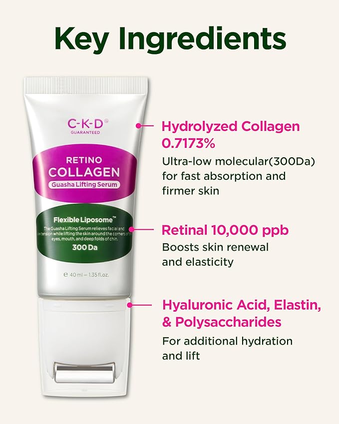 CKD Gua Sha Face Serum - Retinol Collagen Lifting Serum for Firming, Tightening, and Instant Face Lifting. Wrinkle Reduction with Massage Roller. Korean Skin Care. 1.35 fl oz-Velvo Beauty