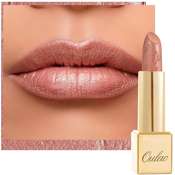 Oulac Nude Lipstick for Women with Metallic 3D Shine Lightweight Hydrating Formula, High Impact Lip Color, Vegan Beauty, Full Coverage Lip Makeup, Christmas Gifts for Women, Pure Envy(07)-Velvo Beauty