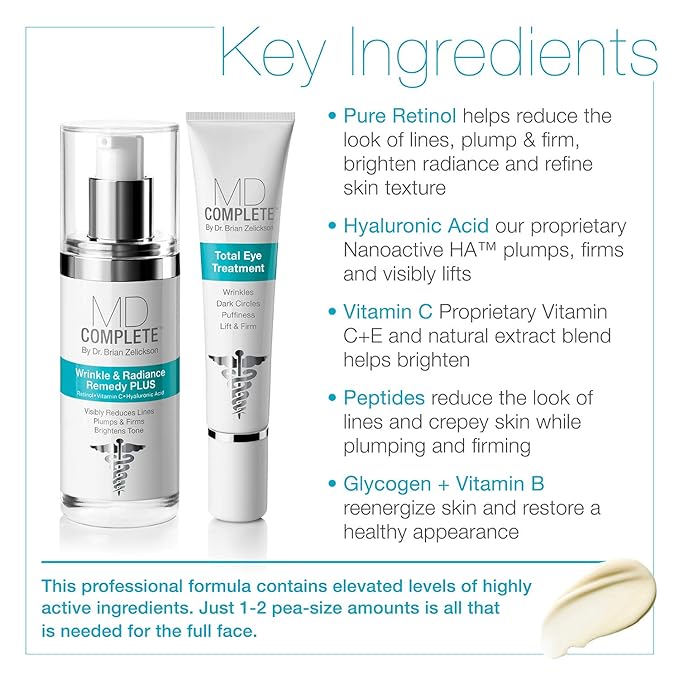 MD Complete Eye Wrinkle Duo | Professional Dermatologist Skin Rejuvenation | includes Wrinkle & Radiance Remedy PLUS with Retinol and Total Eye Treatment with Hyaluronic Acid and Peptides | Set of Two-Velvo Beauty