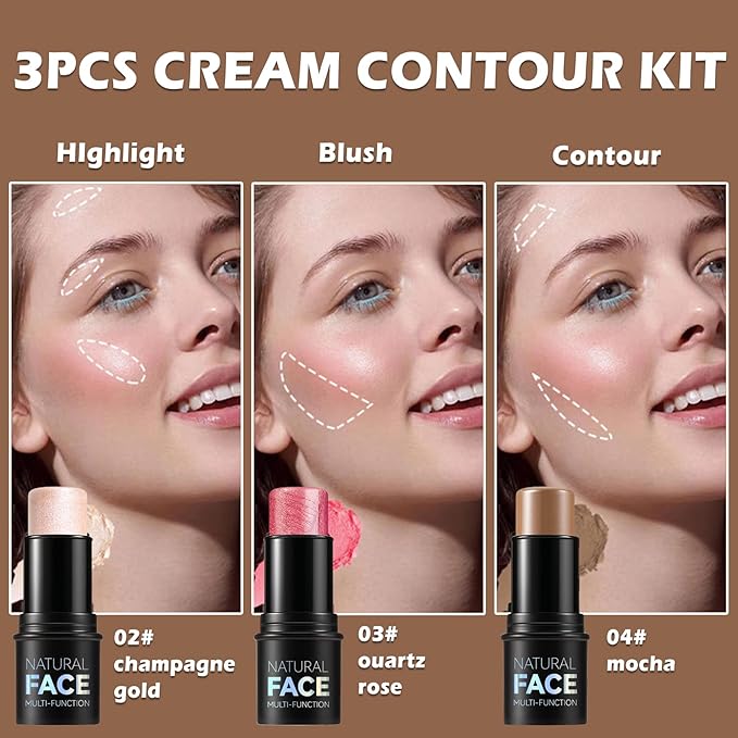 Highlighter Stick Cream Blush Stick Bronzer Contour Stick Makeup,3 PCS Cream Contour Kit with Contour Brush,Long Lasting & Professional Highlighters Makeup Stick for Beginner-Velvo Beauty