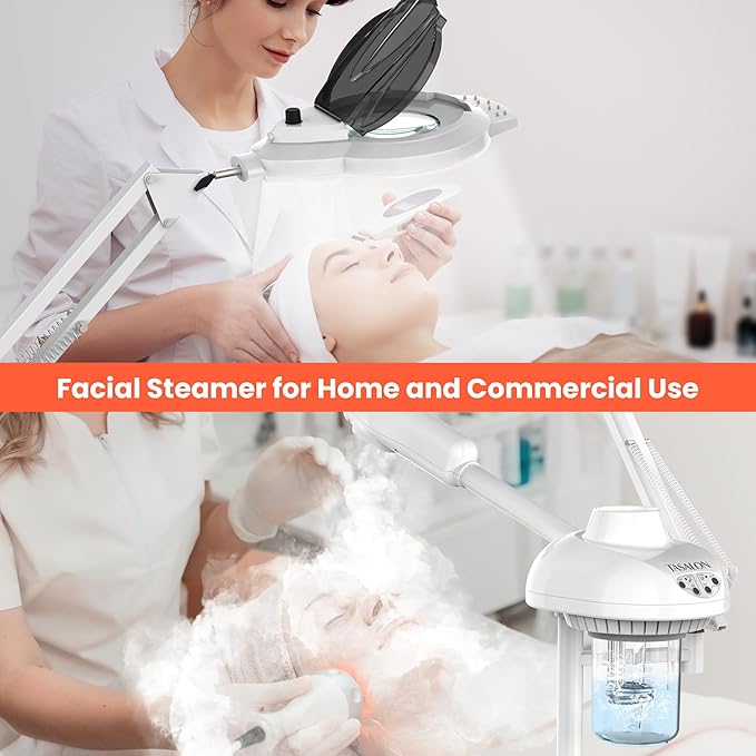 TASALON 2-in-1 Professional Facial Steamer with 5X Magnifying Lamp, Esthetician Steamer on Wheels, White, Facial Steamer, Cleansing, Hydrating, Pore Treatment-Velvo Beauty