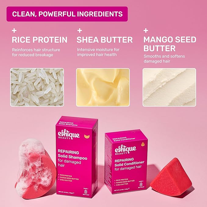 Ethique Repairing Shampoo Bar for dry, damaged hair with Rice Protein - Plastic-Free, Vegan, Cruelty-Free, 3.88 oz - Formerly Sorbet-Velvo Beauty
