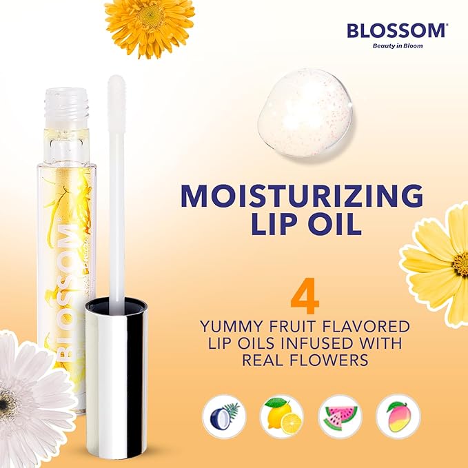 Blossom Moisturizing and Hydrating Shimmer Sparkle Lip Oil with Olive Oil + Grape Seed Oil, Infused with Real Flowers, 3g, Mango-Velvo Beauty