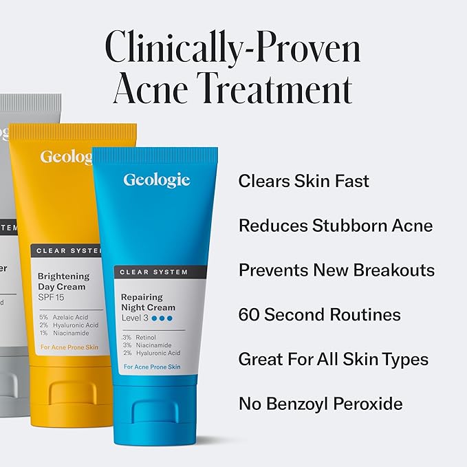Geologie Clear System | 3-Step Acne Treatment & Skincare Set | Clears Skin Fast | Acne Gel Cleanser, SPF15 Day Cream & Retinol Face Cream For Men & Women | Month 1 / Level 1-Velvo Beauty