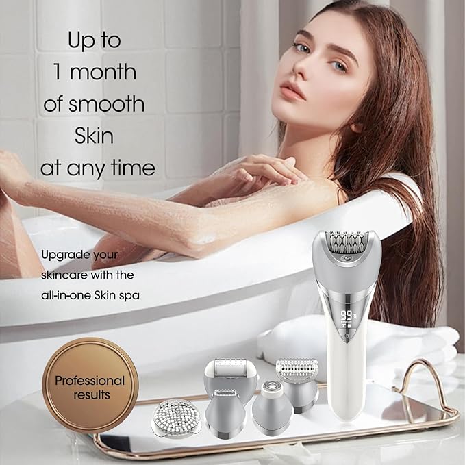 Epilator for Women, 7 in 1 Epilator Hair Removal for Women, Shaver, Bikini, Face Razor, Facial Brush, Face Massage and Body Exfoliator, IPX6 Waterproof Painless Lady Shaver Wet & Dry (White)-Velvo Beauty
