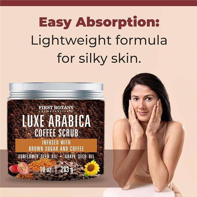 First Botany Body Scrub - Natural Exfoliating Sugar Scrub & Body and Face Souffle helps with Moisturizing Skin, Acne, Cellulite, Dead Skin Scars, Wrinkles (10 fl oz, Brown Sugar + Coffee)-Velvo Beauty