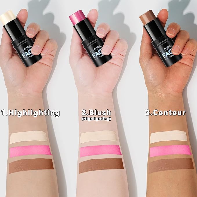 3 Pcs Contour Stick, Highlighter Stick, Blush Stick, Cream Contour Kit with Contour Brush, Create Face Contour, Non-greasy, Waterproof Long-lasting Effect for Women (1+3+4,LIGHT)-Velvo Beauty