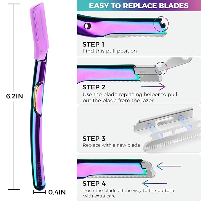 ZOMCHI Dermaplane Razor for Women Face, Premium Facial Razor & Eyebrow Razor, Dermaplaning Tool with Metal Handle, Removes Peach Fuzz, Exfoliates Skin, 11 Blades (Rainbow)-Velvo Beauty