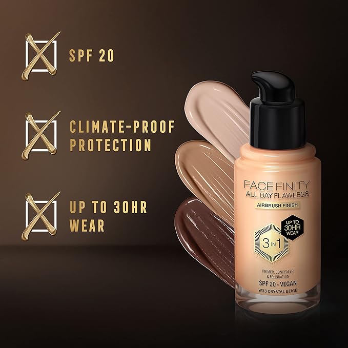 Max Factor Facefinity All Day Flawless 3 In 1 Foundation SPF 20, No. 33 Crystal Beige-Velvo Beauty