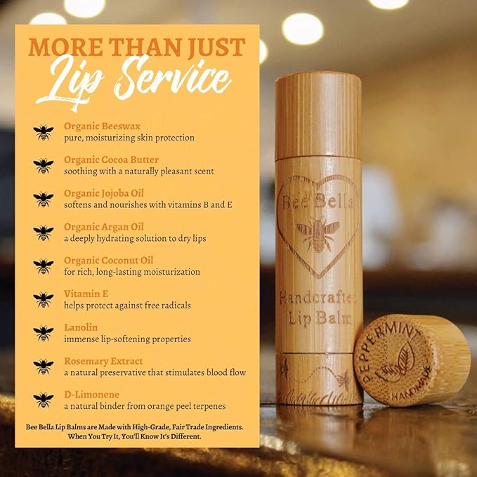 Bee Bella Lip Balm, Peppermint, 3 Pack - Hydrating, Moisturizing Lip Care, 100% Natural, Original Organic Beeswax with Vitamin E, Handmade in USA-Velvo Beauty