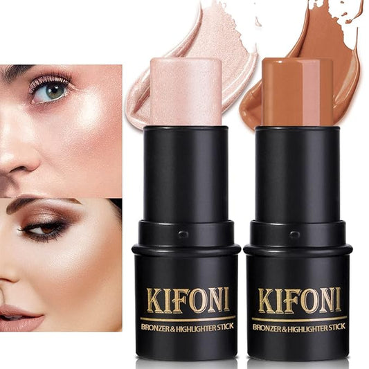 2 Pcs Cream Contour Stick Makeup Kit, Cream Highlighter Stick & Contour Bronzer Stick for Cheeks, Lightweight Blendable Smooth -Highlighter & Bronzer (#04 Light Rose Gold #07 Coffee)-Velvo Beauty