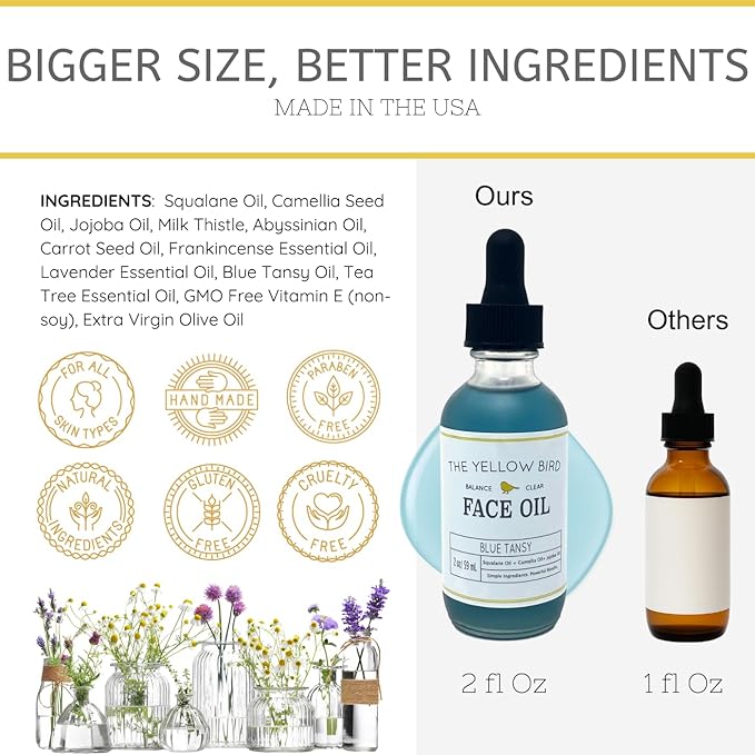 Yellow Bird Balancing Blue Tansy Face Oil 2 oz / 59 ml – Skin Glowing Serum. Collagen Support. Promotes Clear Skin Naturally. Wrinkle, Blemish & Pore Minimizer. Natural, Vegan Facial Moisturizer.-Velvo Beauty