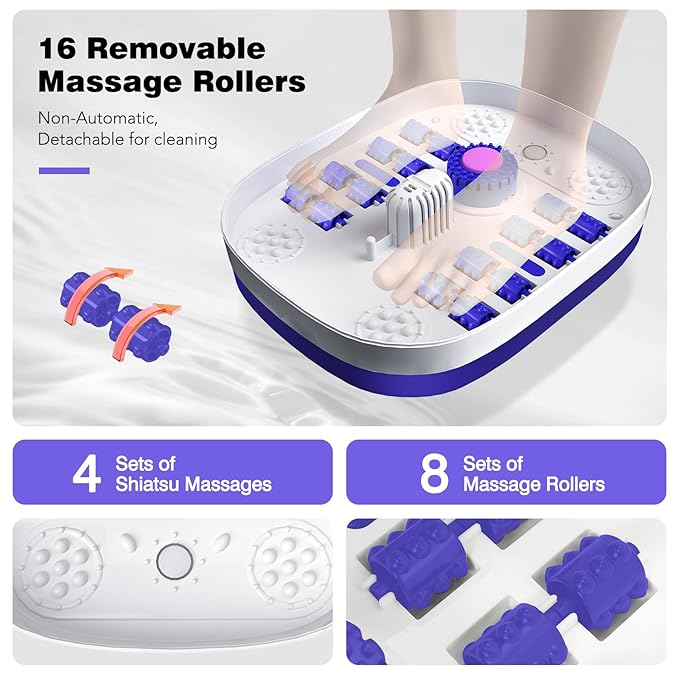 Collapsible Foot Spa with Heat, Remote Control, Temperature Control, Bubbles, Pumice Stone, Red Light, Timer, 16 Massage Roller Pedicure Foot Bath Tub Foot Soaker for Feet Stress Relief, Purple-Velvo Beauty