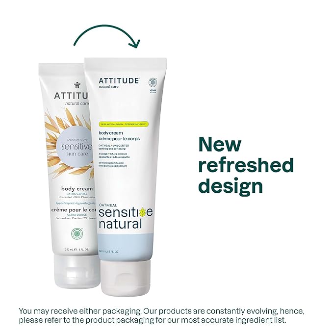 ATTITUDE Body Cream for Sensitive Skin with Oat, EWG Verified, Dermatologically Tested, Vegan, Extra Gentle, Unscented, 8 Fl Oz-Velvo Beauty