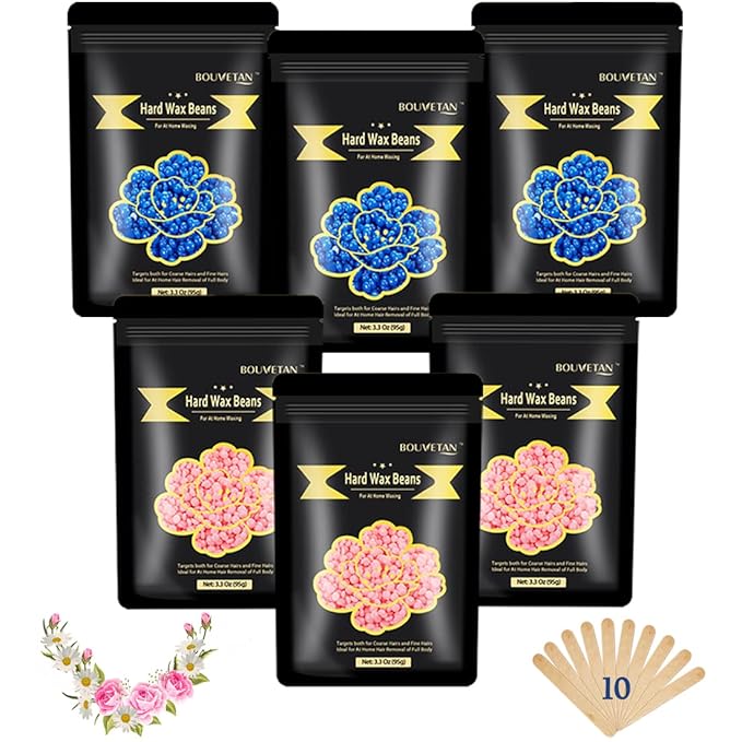 1.3Lb/21oz Wax Beads for Brazilian, Eyebrow, Face, Bikini, Legs, Arms Waxing - 6 Packs with 10 Wax Spatulas for Women and Men-Velvo Beauty