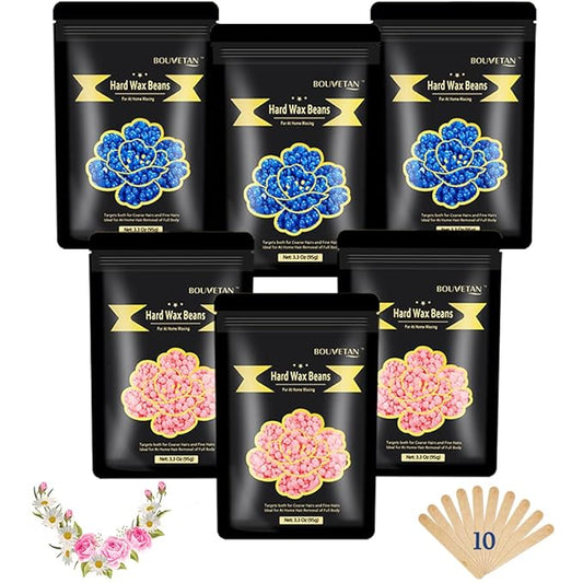 1.3Lb/21oz Wax Beads for Brazilian, Eyebrow, Face, Bikini, Legs, Arms Waxing - 6 Packs with 10 Wax Spatulas for Women and Men-Velvo Beauty