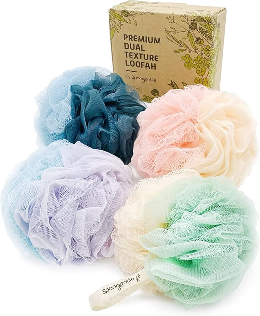 Spongentle Dual Texture Deep Cleansing Loofah Sponge for Radiant Skin, Pack of 4, Bath and Shower, Exfoliating Body Scrubber, Beautiful Colors for Women and Men-Velvo Beauty