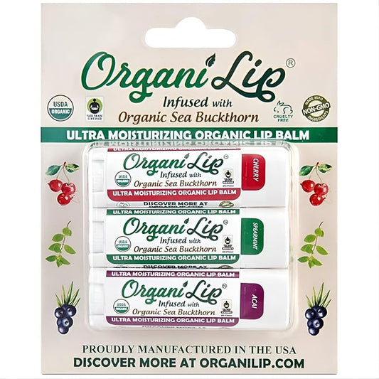 OrganiLip Organic Lip Balm, Variety3 Pack (Spearmint, Cherry, Acai), Ultra Hydrating Lip Moisturizer for Dry Lips, USDA Certified Organic,-Velvo Beauty