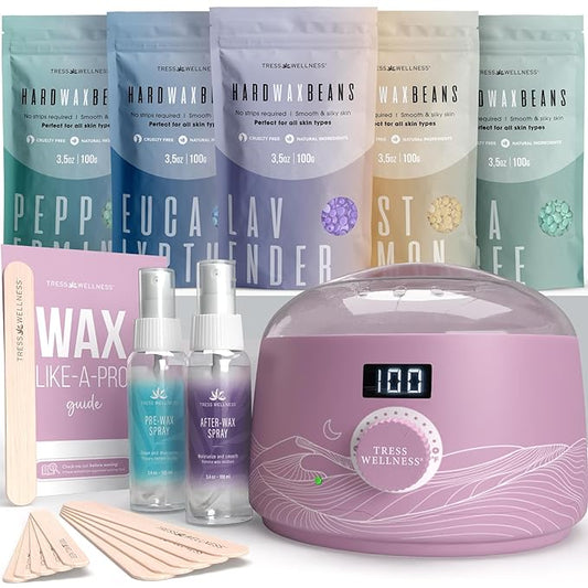 Tress Wellness Waxing Kit for Sensitive Skin – Safe for Face & Skin, Prep & Aftercare Spray, Easy to Use – At-Home Kit for Face, Bikini, Brazilian & Full Body - Digital Display, Misty Lilac-Velvo Beauty