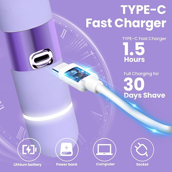 Bikini Trimmer for Women, Glow Aura Womens Shaver, Quiet Dual Head Waterproof Cordless Rechargeable Painless Trimmer for Underarms, Legs, Body (Purple)-Velvo Beauty