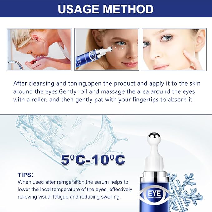 Caffeine Eye Serum,Under Eye Roller Serum with 360° Massage Ball,Eye Contour Cream for Dark Circles and Puffiness Wrinkles Fine Lines-Velvo Beauty