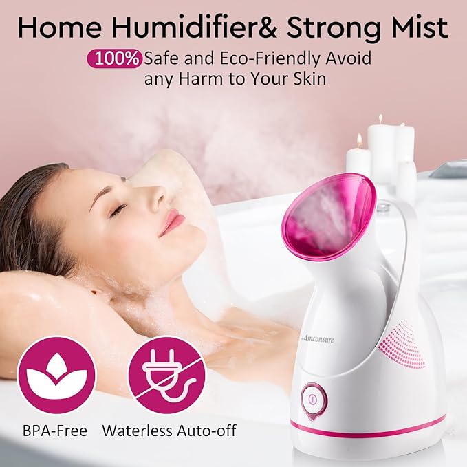 Amconsure Facial Steamer - Nano Ionic Face Steamer Warm Mist Steamer for Home Sauna SPA, Humidifier for Face Steamer for Deep Cleaning Unclogs Pores Sinuses - Bonus 5 Piece Stainless Steel Skin Kit-Velvo Beauty