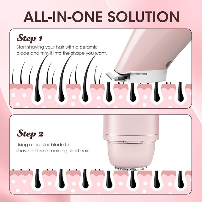 Lanumi 2 in 1 Electric Shaver Dual Head Bikini Trimmer Women IPX6 Wet Dry Pubic Hair Trimmer Rechargeable Body Facial Hair Remover for Face Lip Chin Underarm Legs (Pink)-Velvo Beauty
