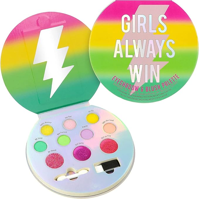 Expressions Girls Always Win Glisten & Glitter Makeup Palette 10 Color Eyeshadow Palette & Blush Makeup Novelty Beauty Set, Fold Out Compact with Mirror, Washable, Non-Toxic-Velvo Beauty